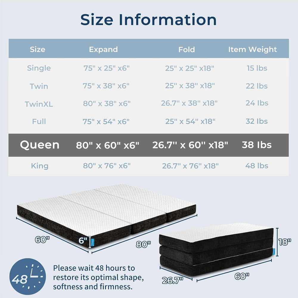 Odorless Foldable Mattress Medium Queen Size 80" x 60" x 6"