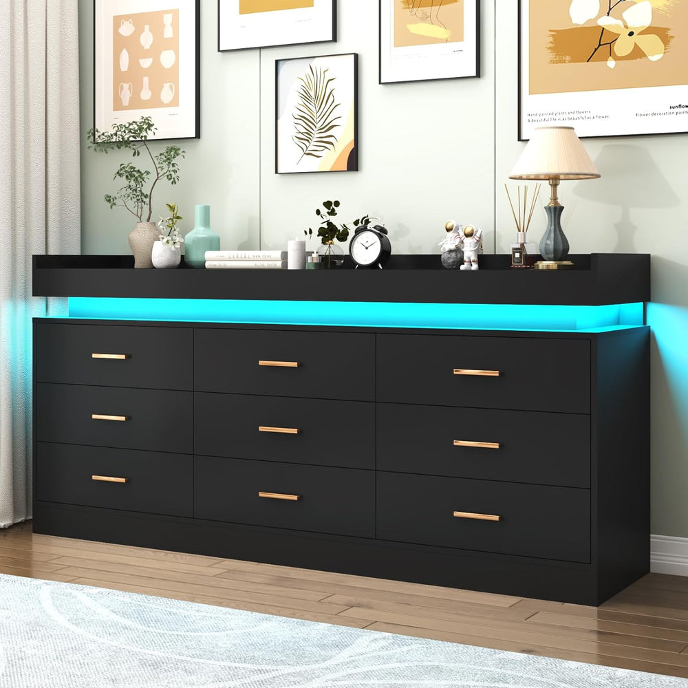 9 Drawer Dresser with LED Light and Charging Station, Modern Chest of Drawers...