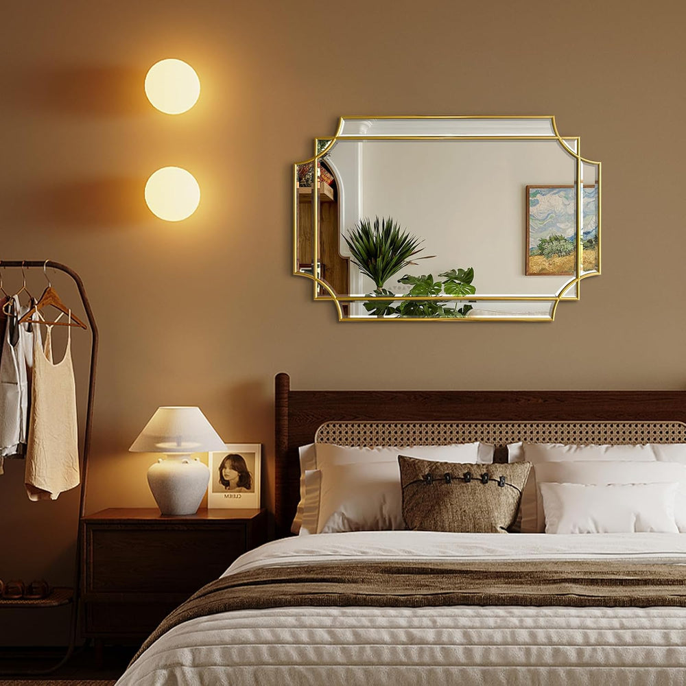 Gold Mirror for Wall, 36x24 Gold Wood Framed, Scalloped Beveled Polished Rect...
