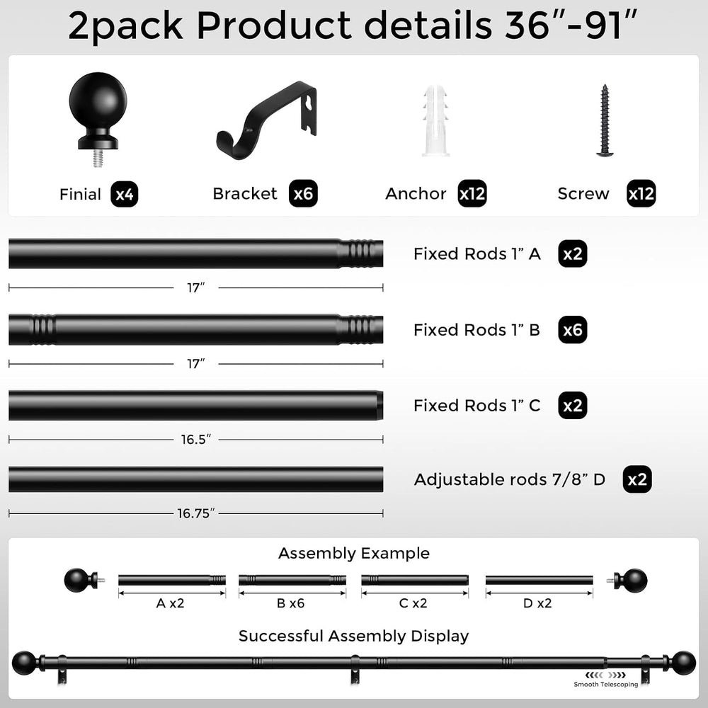 2 Pack Curtain Rods 36-91 Inch, Black 1 Inch Adjustable Heavy Duty Curtain Ro...