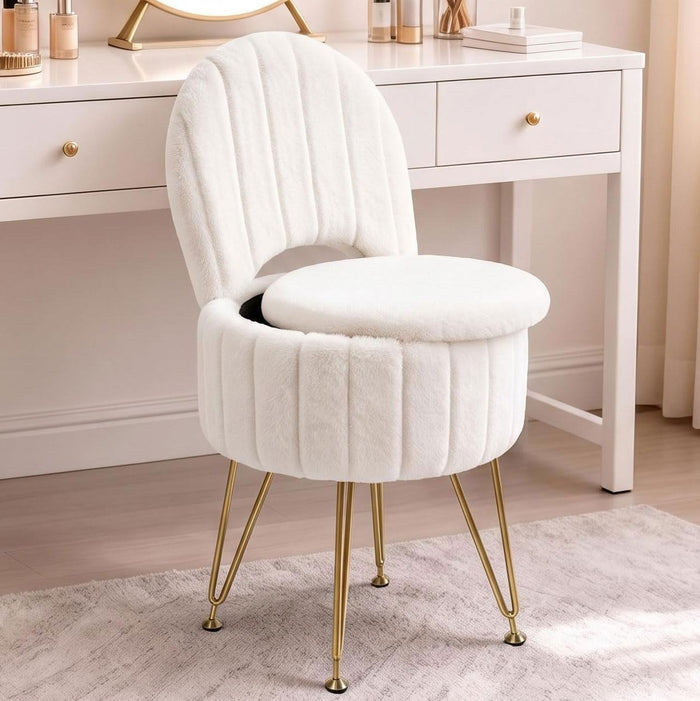 Garvee Vanity Stool Chair with Storage, Folding Back,Faux Fur,White,Small