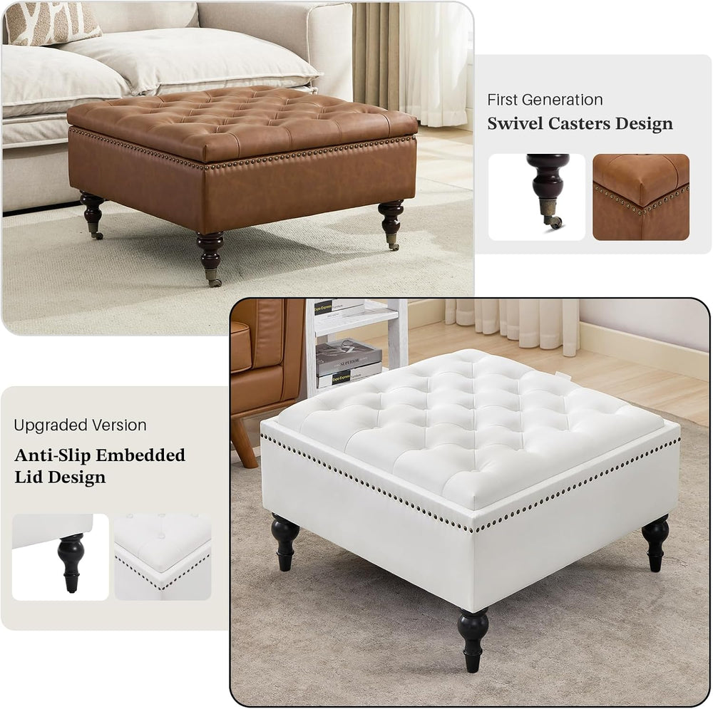 Square Ottoman Coffee Table, Large Leather Ottoman with Storage | Oversized F...