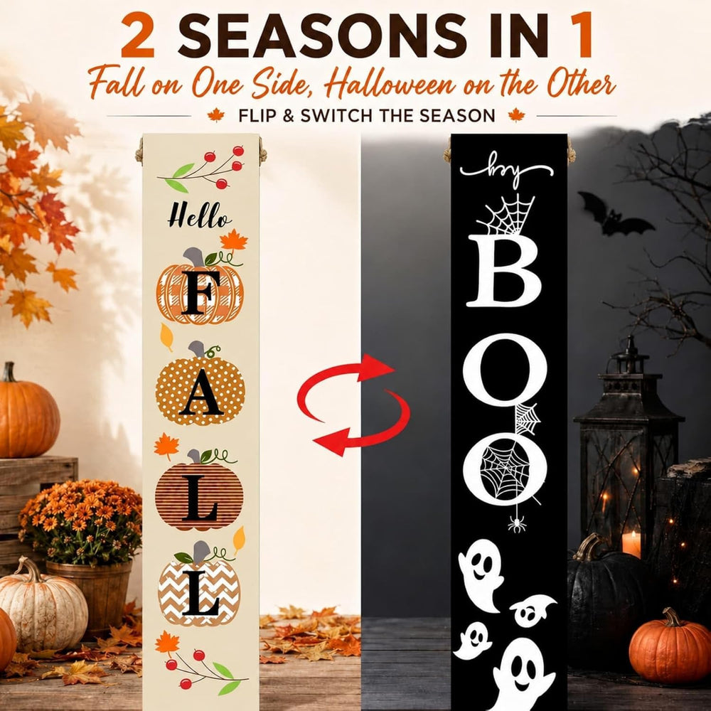 One-Piece Reversible Fall Halloween Porch Sign, Outdoor Decor
