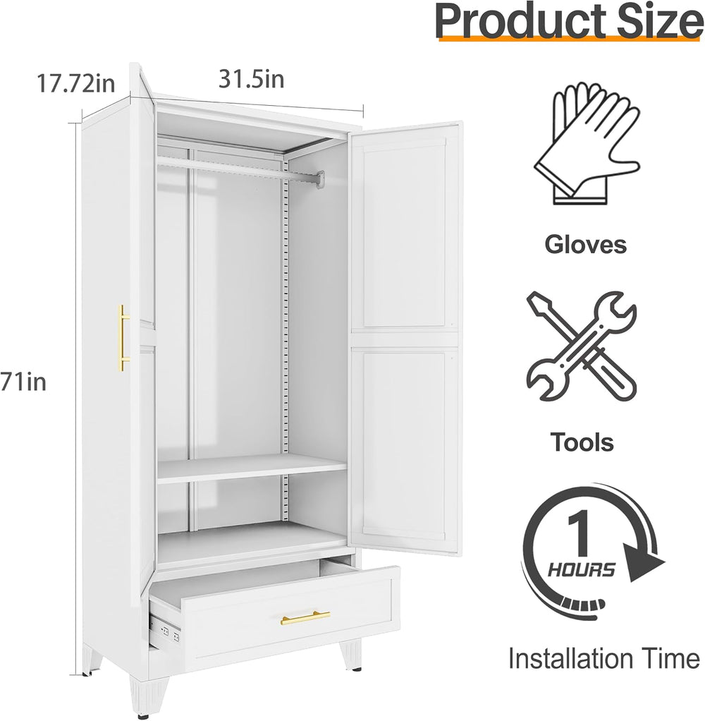 RIETERN Metal Armoire Wardrobe Closet, 71" Bedroom Closet with Mirror White