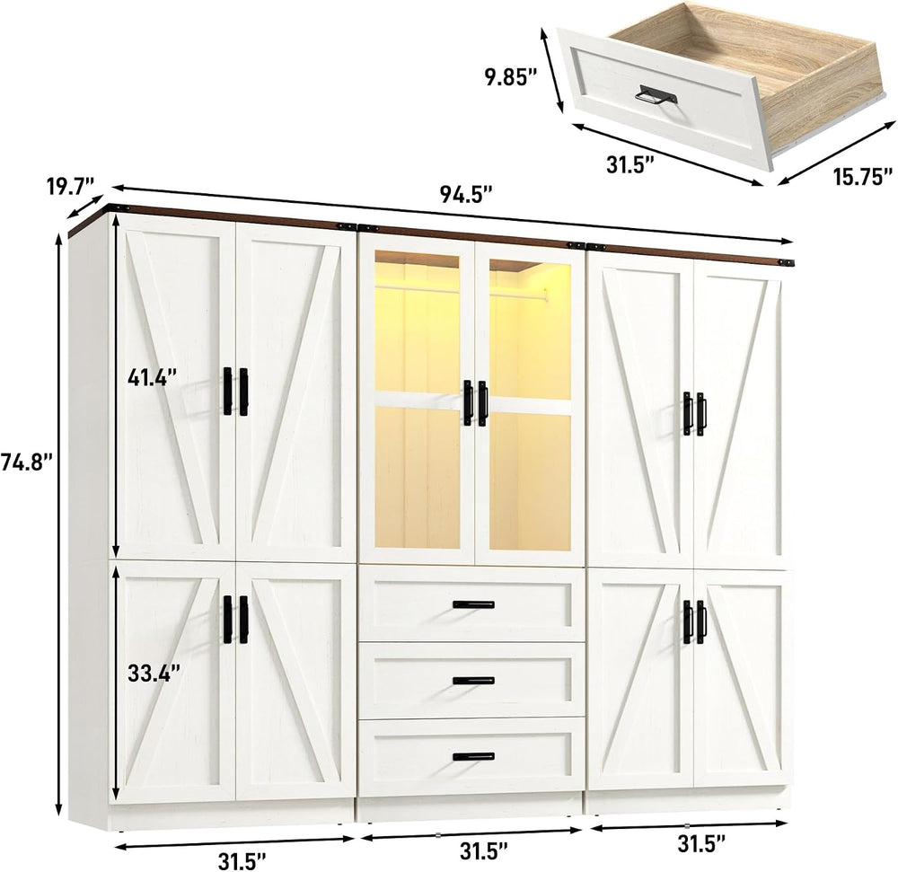 75" Tall Farmhouse 6 Doors Armoire Wardrobe Closet with 3 Drawers and LE...