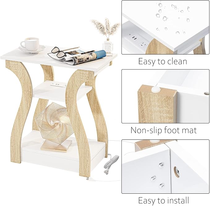 End Table Set of 2 with Charging Station, Side Table with USB Ports and Outle...