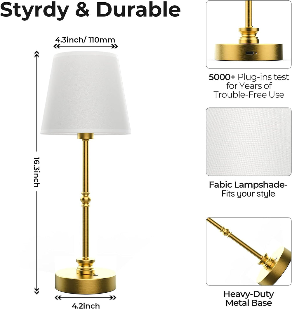 Cordless Rechargeable Table Lamp, Gold, 2 Set