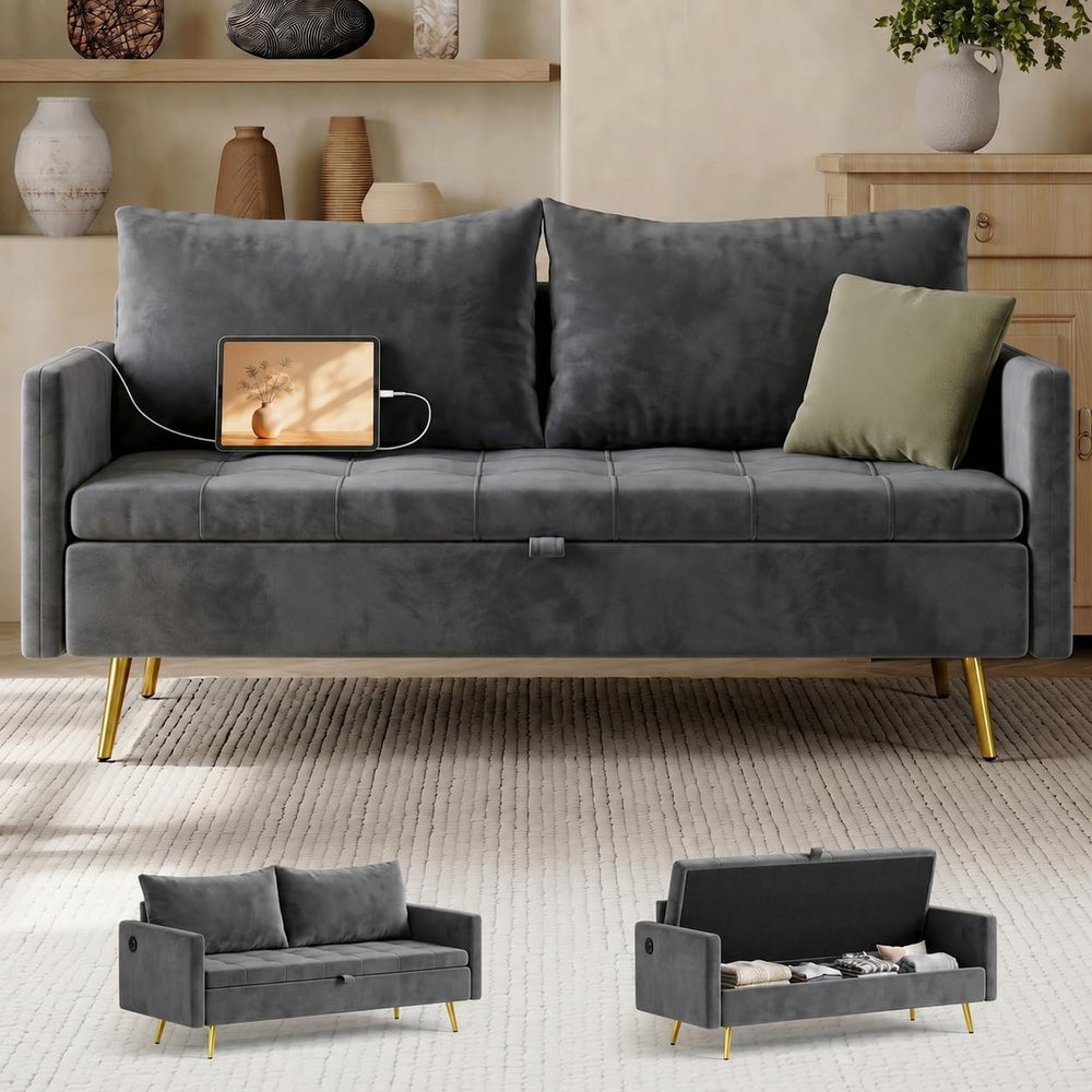 Mid Century Modern 60 In Grey Loveseat Storage Sofa 2 Seat With USB Ports