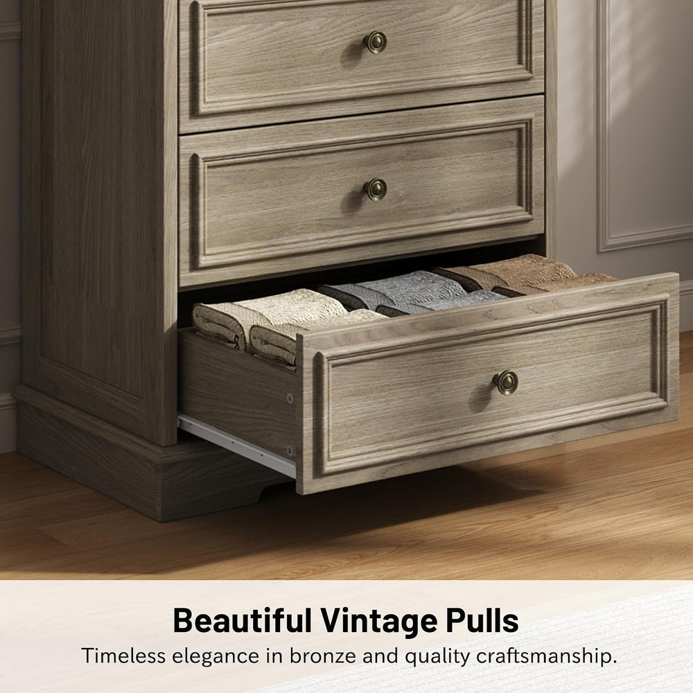 Gray Dresser for Bedroom, 44" Tall 5 Drawer Dresser, Wooden Chest of Dra...