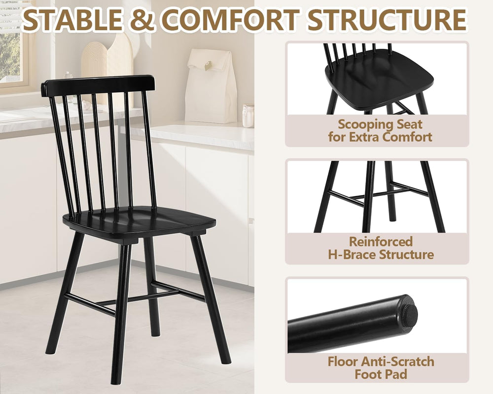 PrimeZone Windsor Dining Chairs Set of 6 - Solid Rubber Wood Farmhouse Kitche...