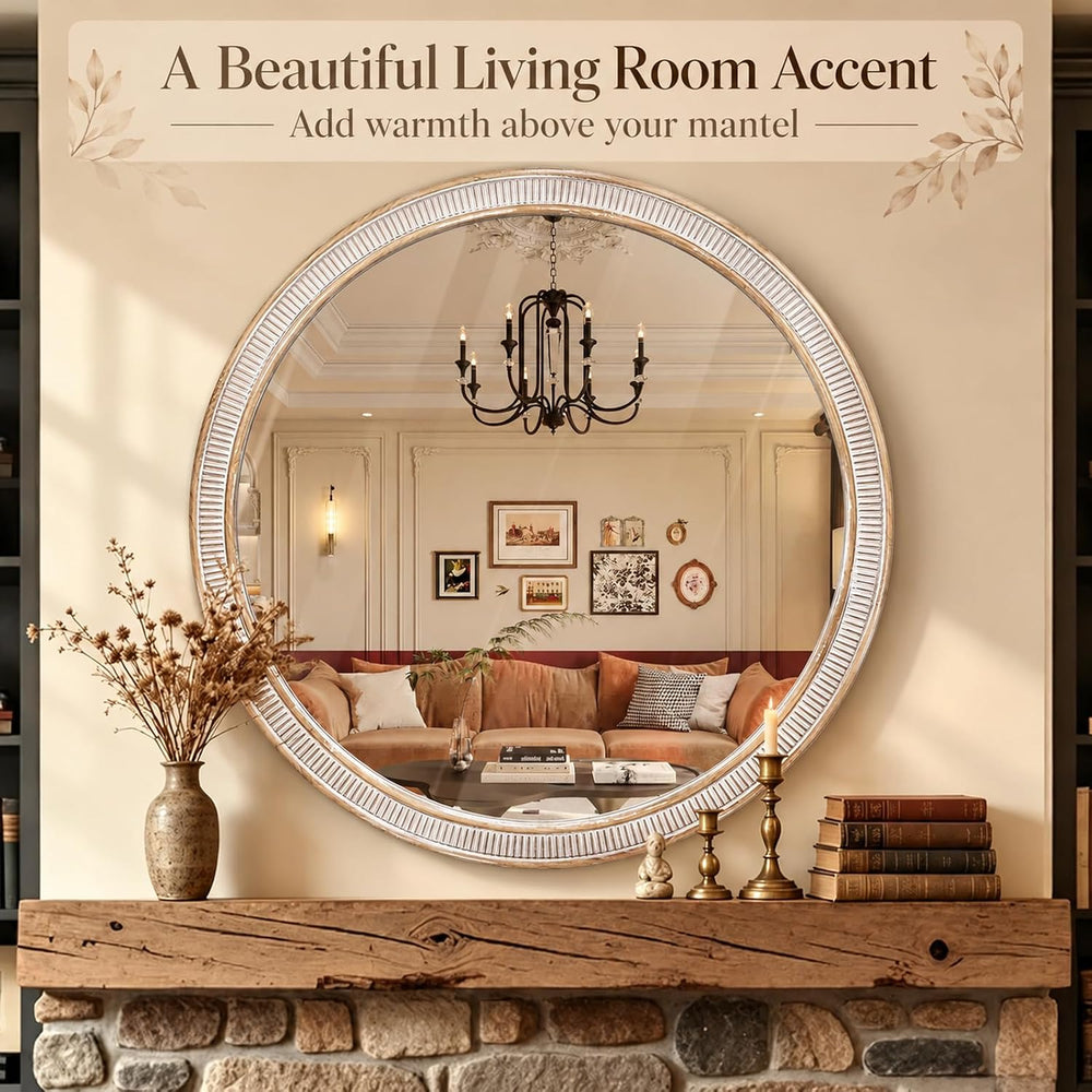 36 Inch Large Round Wood Mirror, Farmhouse Bathroom Mirrors for Wall