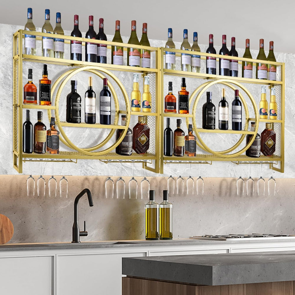 39in Wine Rack Wall Mounted, 3-Tier Metal Bar Shelves with Glass Holder | Mod...