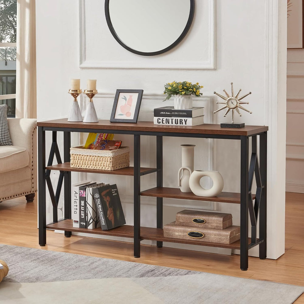 HOMBAZAAR Console Sofa Table, Rustic Entryway Table with Metal Frame and Open...