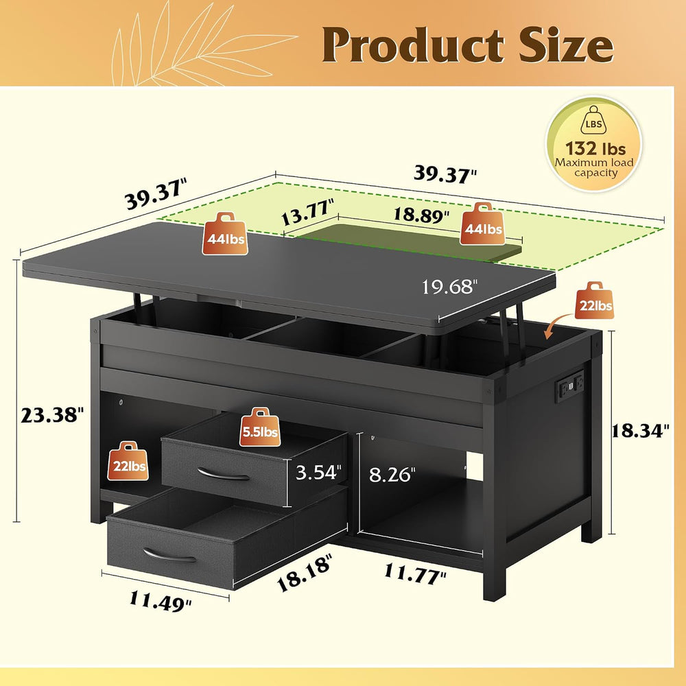 WLIVE 40" Lift Top Coffee Table with Storage, 4 in 1 Coffee Table, Black
