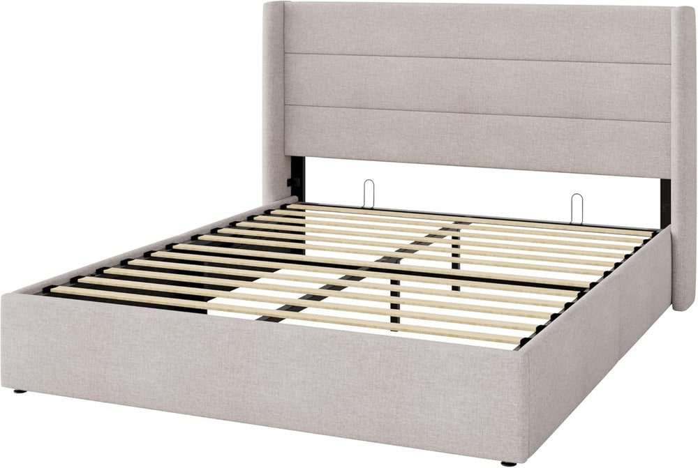 Allewie Full Size Lift Up Hydraulic Storage Bed Frame Light Beige