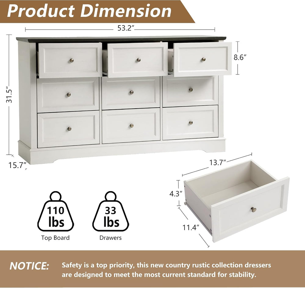 Farmhouse Bedroom Sets of 3, Including 9 Drawer Dresser, Nightstand Set of 2 ...