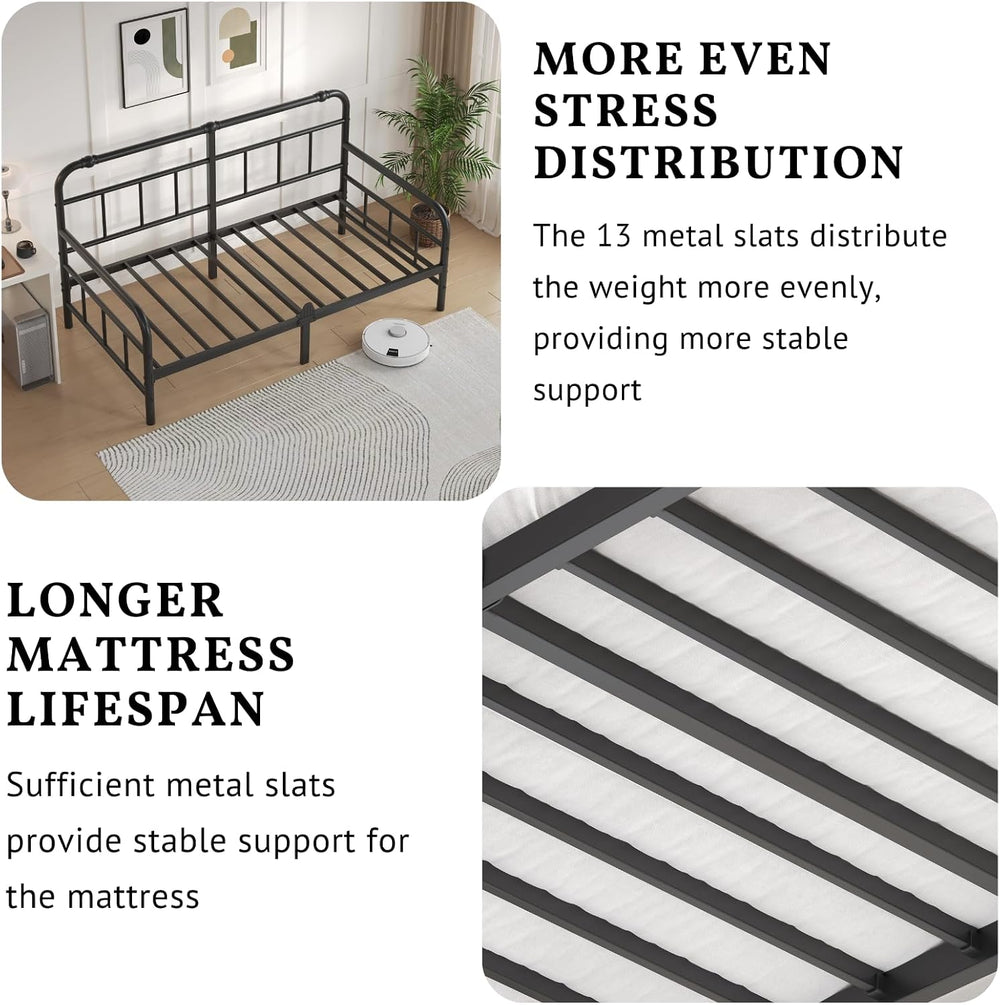 Twin Metal Daybed Frame with Headboard, 12 Inch Sofa Bed for Living Room, Hea...