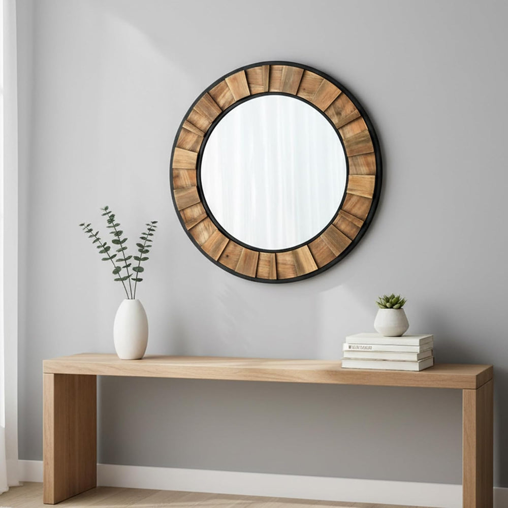 ZIYOO Round Wood Mirror 30", Metal & Wooden Frame Decorative Wall Mi...