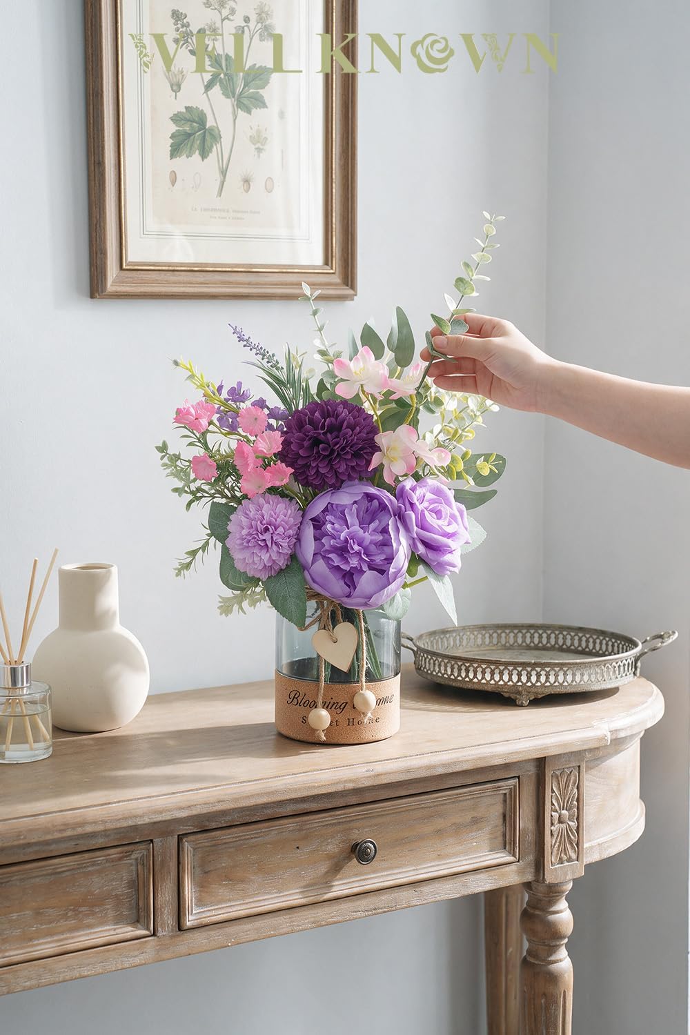 Artificial Purple Flower Arrangement in Glass Vase with Heart Tag