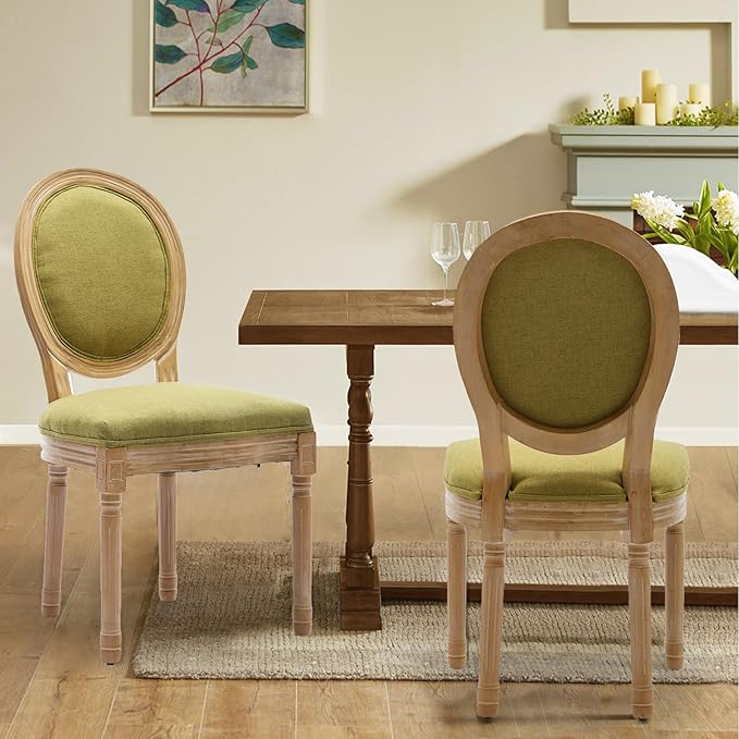 Linen Upholstered Dining Chairs Set of 6 French Country Oval Fabric Back Kitc...