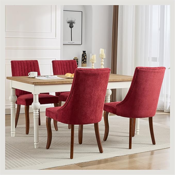 Linen Dining Chairs Set of 4,Fabric Channel Tufted Kitchen Chairs, Upholstere...