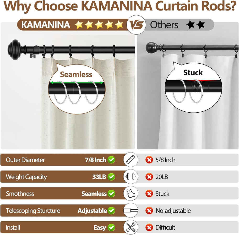 KAMANINA Black Curtain Rods for Windows 72-144 Inches Heavy Duty