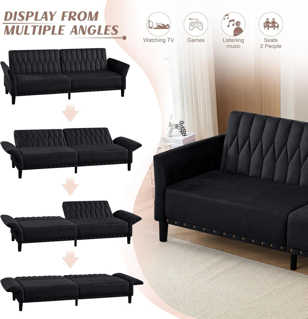 77 Inches Velvet Sofa Bed w/Adjustable Backrests & Armrests, Black