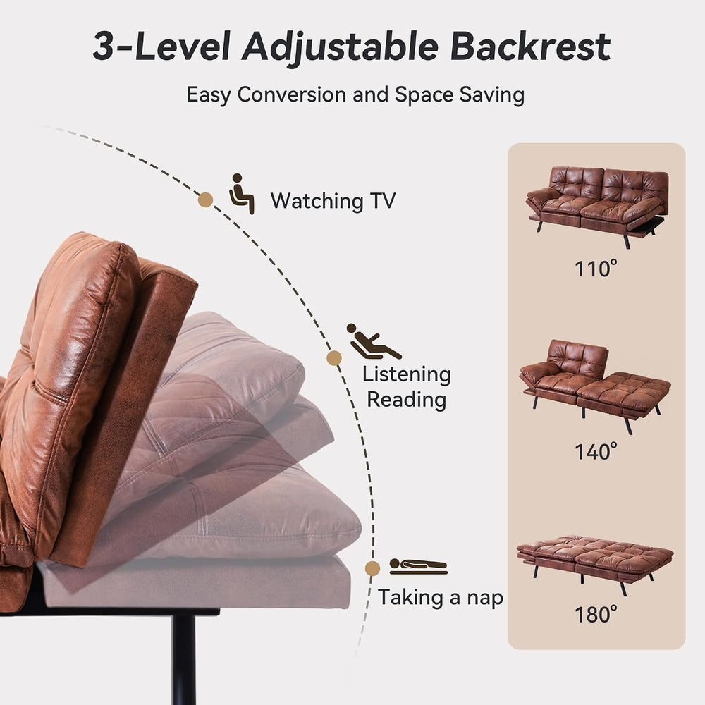Brown Faux Leather Futon Sofa Bed,Convertible Futon Couch