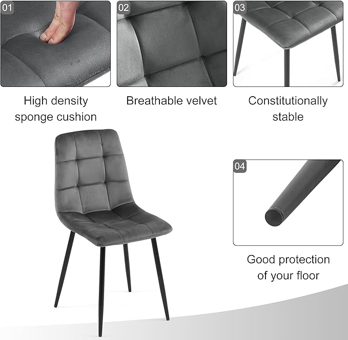 Velvet Dining Chairs Set of 4 - Grey Dining Room Chairs with Metal Legs Ideal...