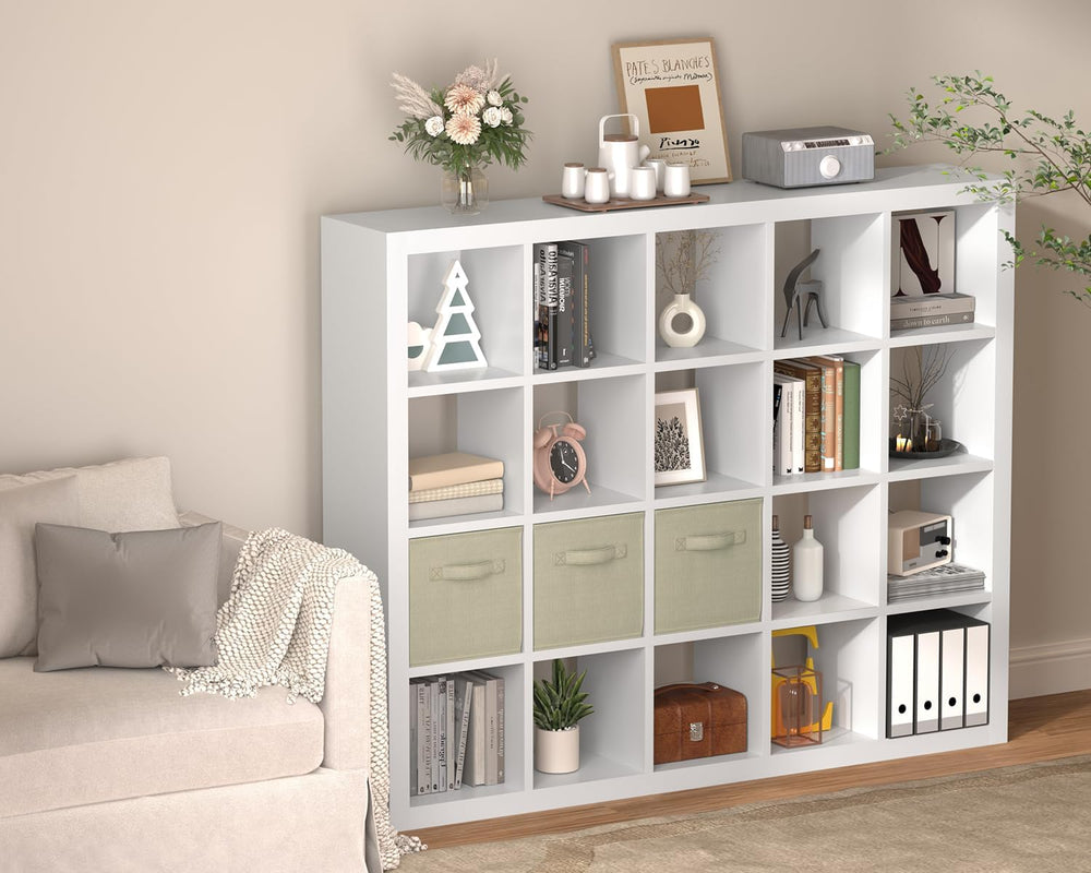 Sturdy Wooden Bookshelf with Storage Bins - 20-Cube Organizer, Multifunctiona...