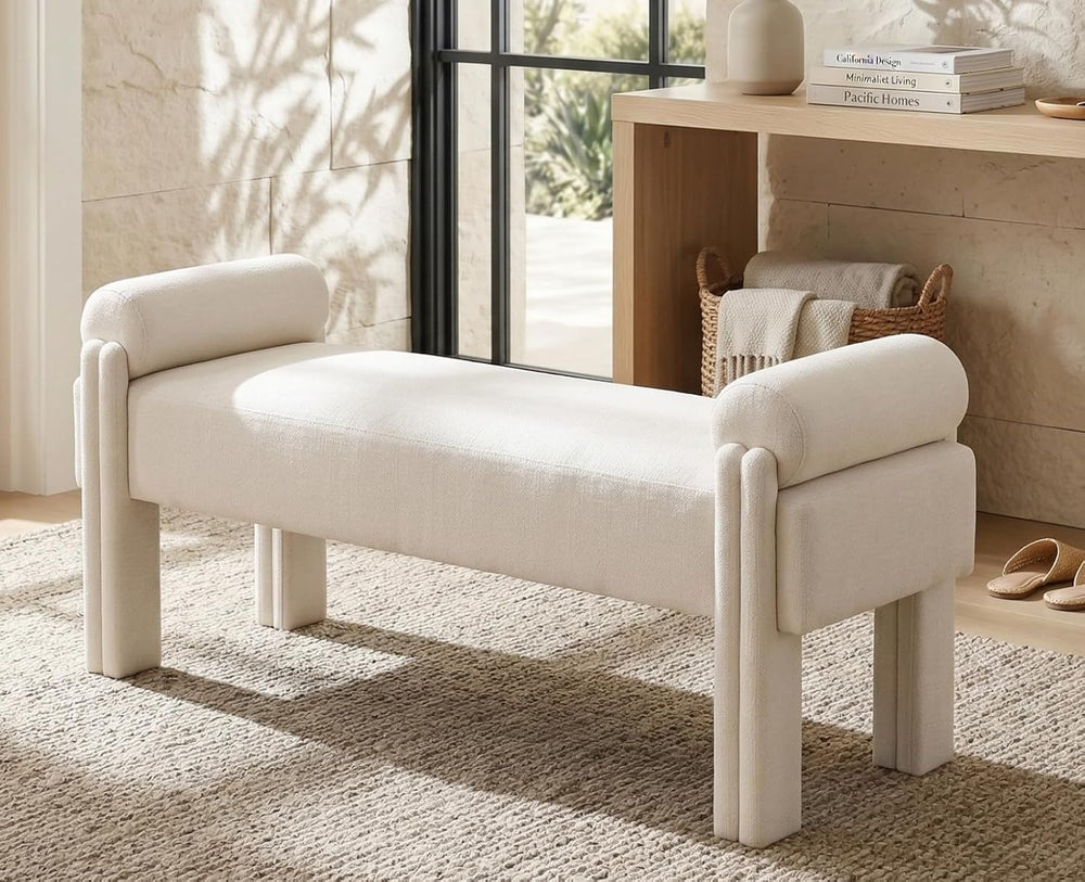 ROCITY Beige Linen End of Bed Bench 53 Inch Long Ottoman Fabric Padded Bedroo...