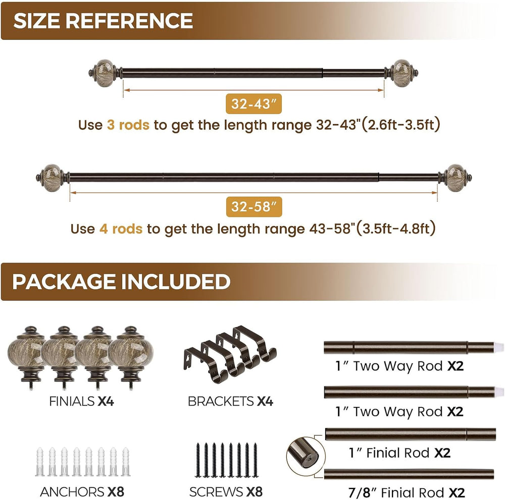 KAMANINA 2 Pack Curtain Rods 32 to 58 Inch, Bronze Drapery Rod, 1" Diameter