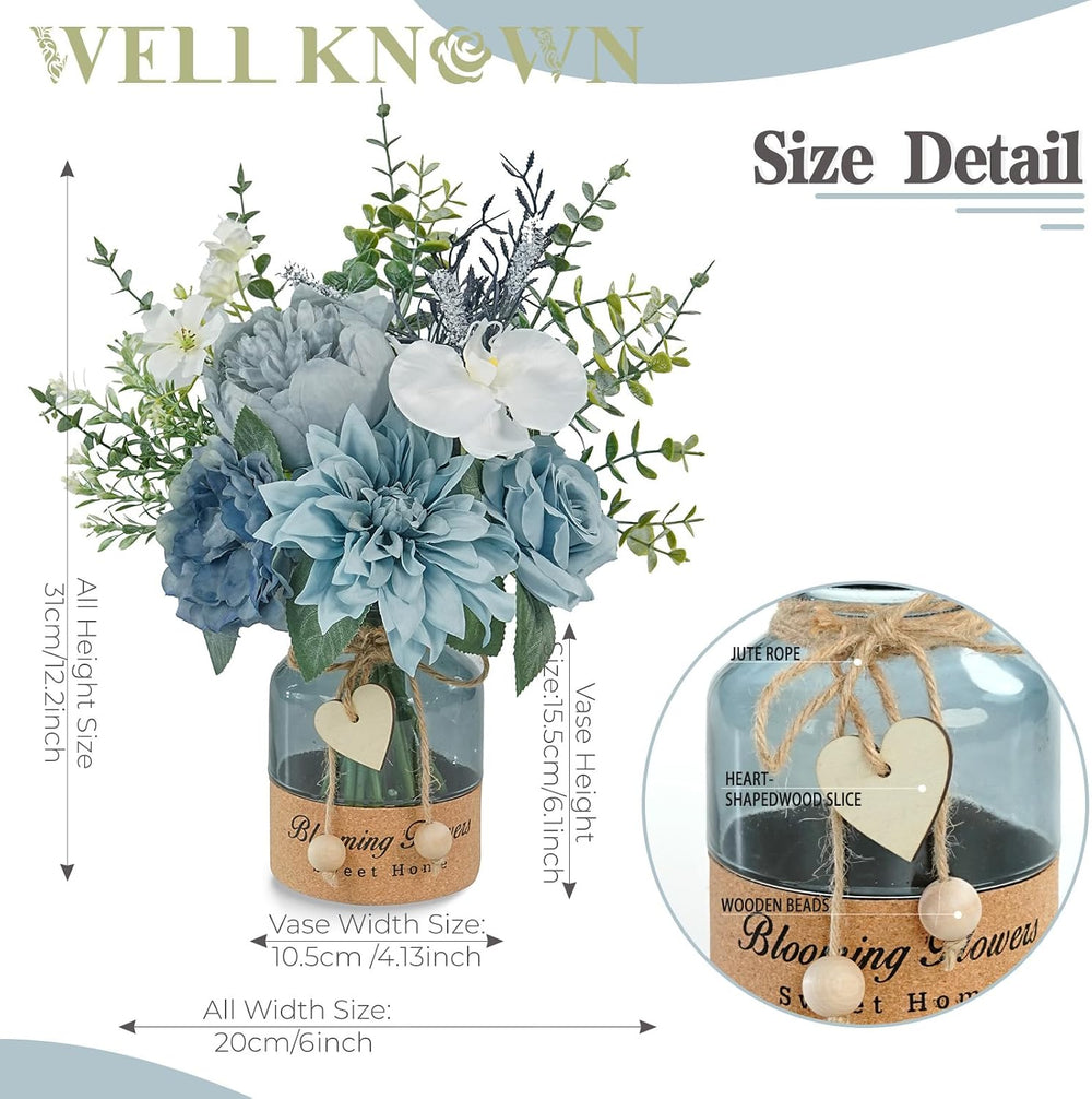 WELL KNOWN Artificial Flowers Bouquet with Designed Glass Vase, Dusty Blue