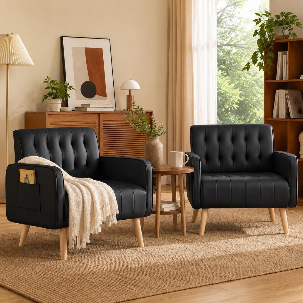 Leather Accent Chair Set of 2, Living Room Chair with Wooden Legs (Black)