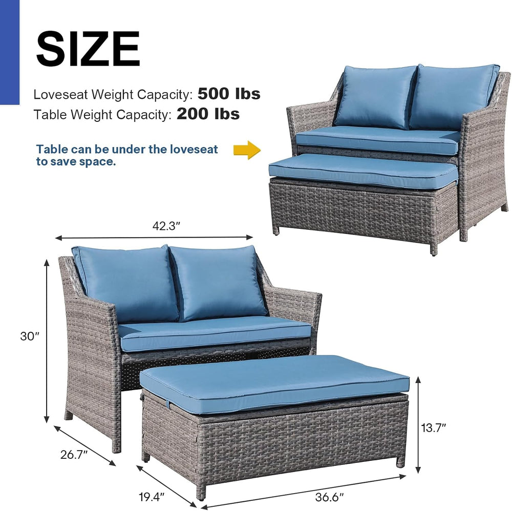 Wicker Patio Loveseat w/Storage Ottoman, 2 Pcs, Navy Blue