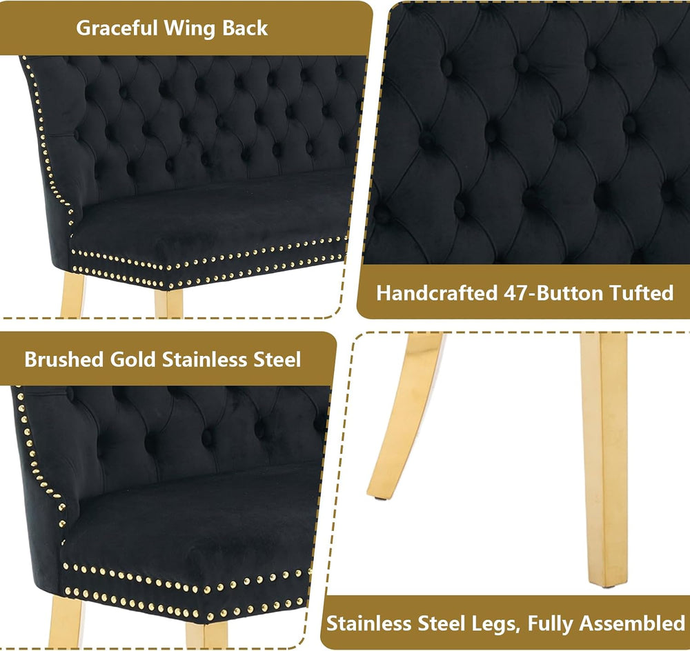 Velvet Dining Loveseat Bench with Wing Back, 2-Seat Tufted Bench with Gold St...