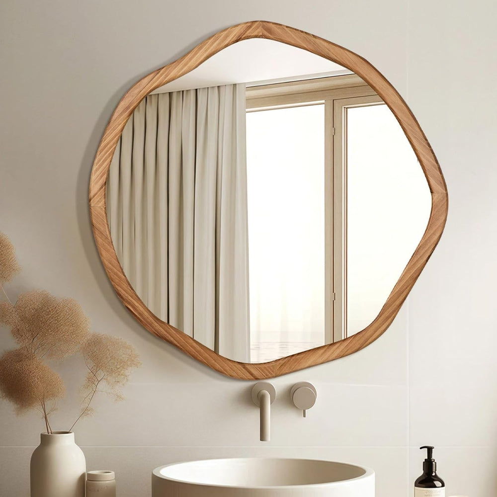 ULIKE Irregular Round Wood Mirror 30 Inch, Rustic Brown Wall Mirror