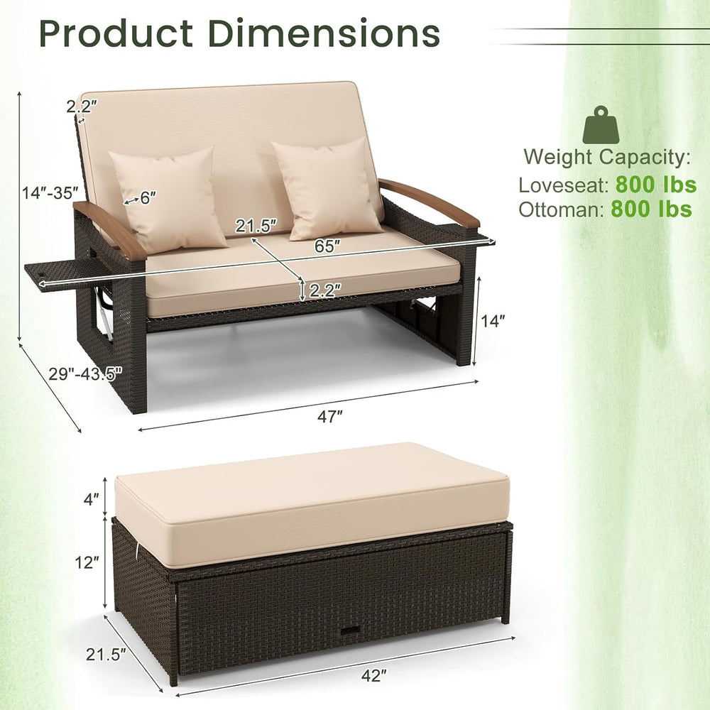 Tangkula Patio Rattan Daybed, Outdoor Wicker Loveseat, Mix Brown & Beige