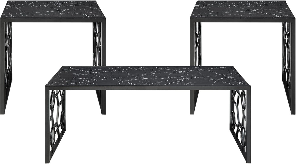 Polay 3pc Stylish Occasional Table Set Marble Print Tempered Glass Top | Feat...