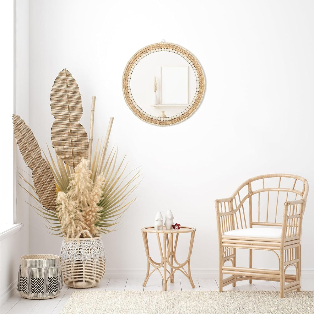 18 Inch Boho Round Hanging Wall Mirror Decorative Rattan Circle Mirrors for F...