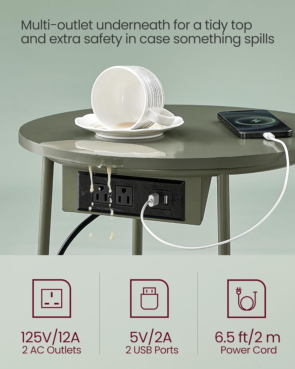 VASAGLE LILEA Collection - Side Table with Charging Station, Round End Table ...
