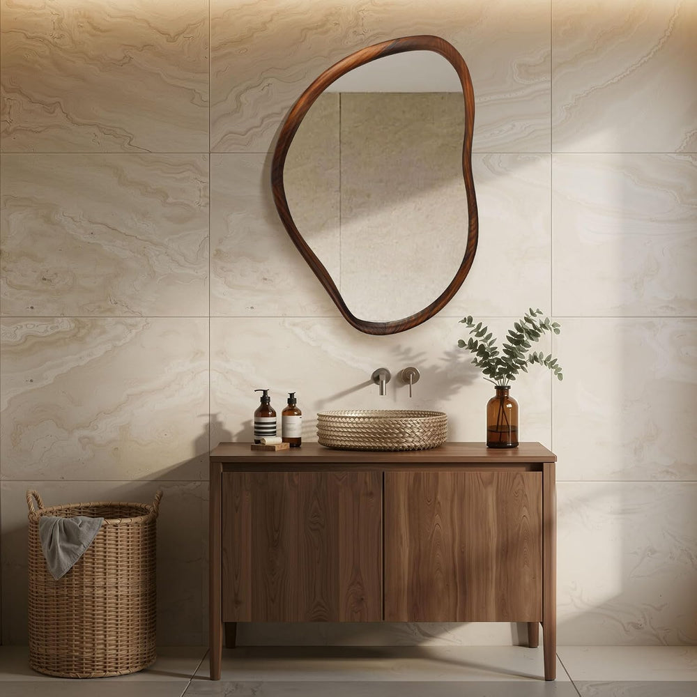 35"x24" Irregular Wood Asymmetrical Walnut Framed Mirror
