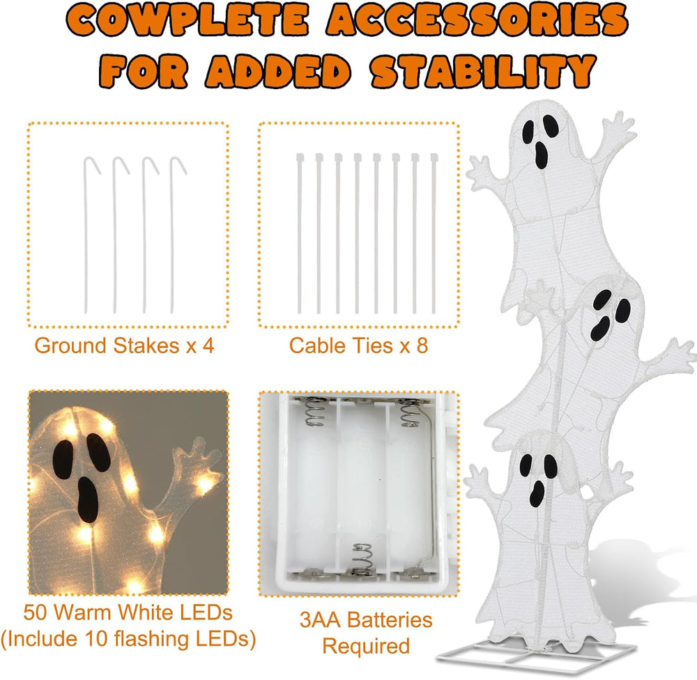 Halloween Lighted 3 Stacked Ghosts, 42’’ H Pre-Lit Lighted Ghosts with 50 War...