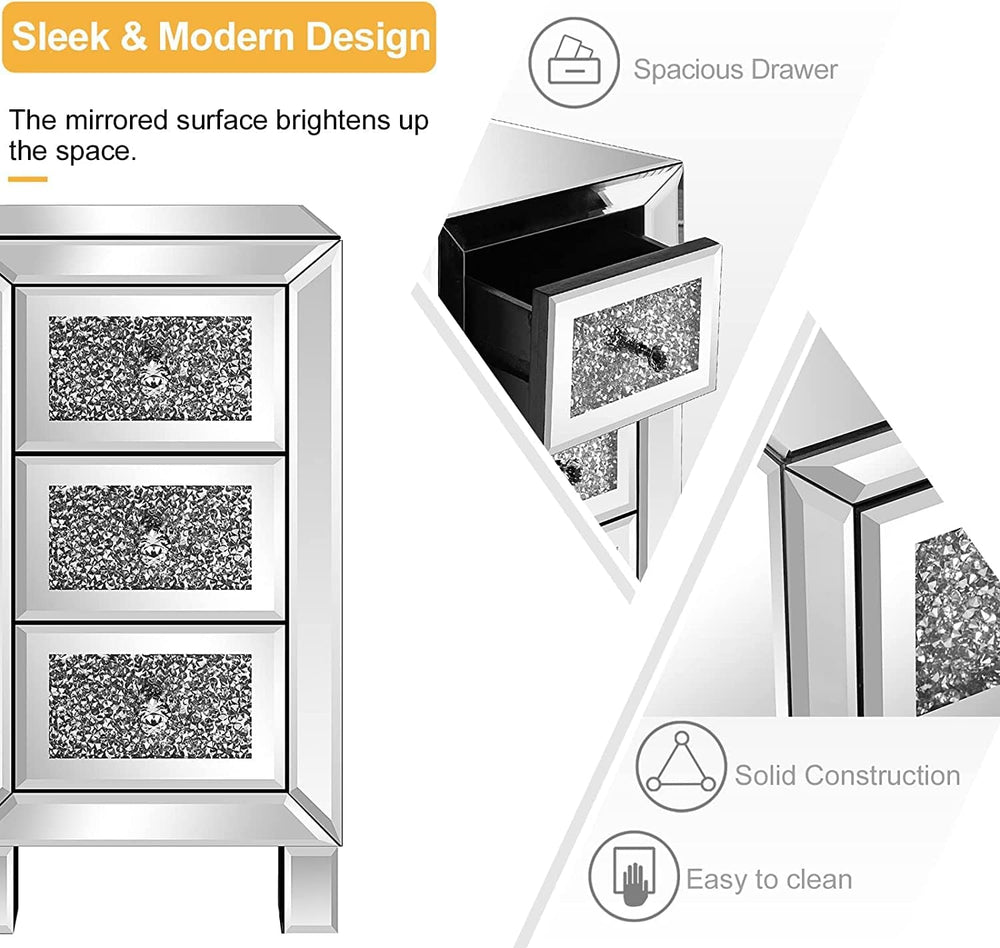 VINGLI 3-Drawer Mirrored Nightstand Bedside Table Modern Night Stands Set of ...