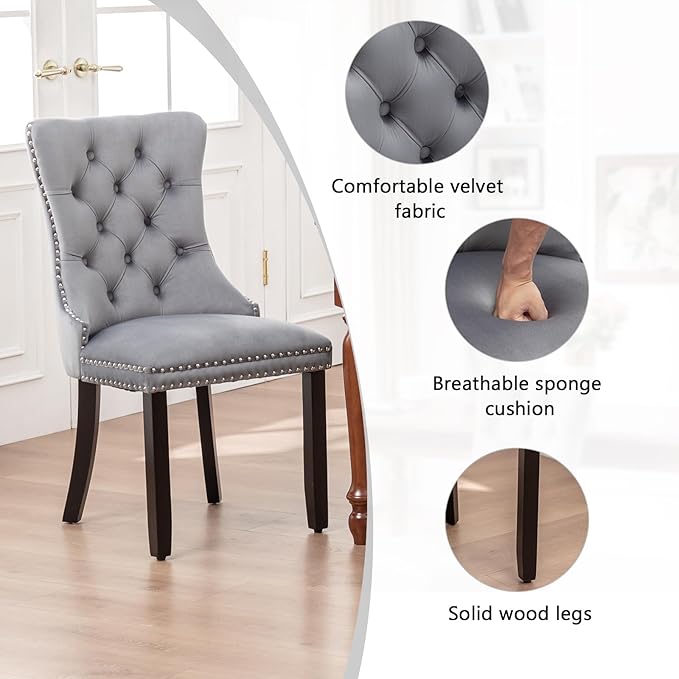 Velvet Dining Chairs Set of 6,Upholstered Dining Chairs with Ring Pull Trim a...