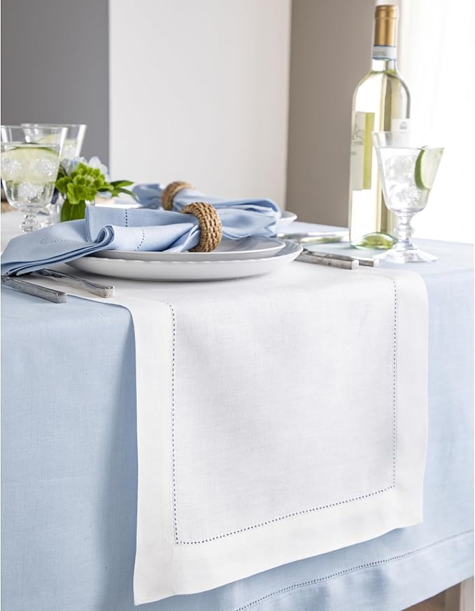 Solino Home Linen White Table Runner 72 Inches Long - 100% Pure Linen Hemstit...