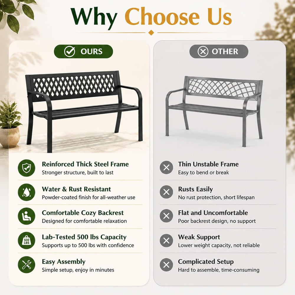 47" Outdoor Garden Bench, Metal Patio Bench with Backrest, Black