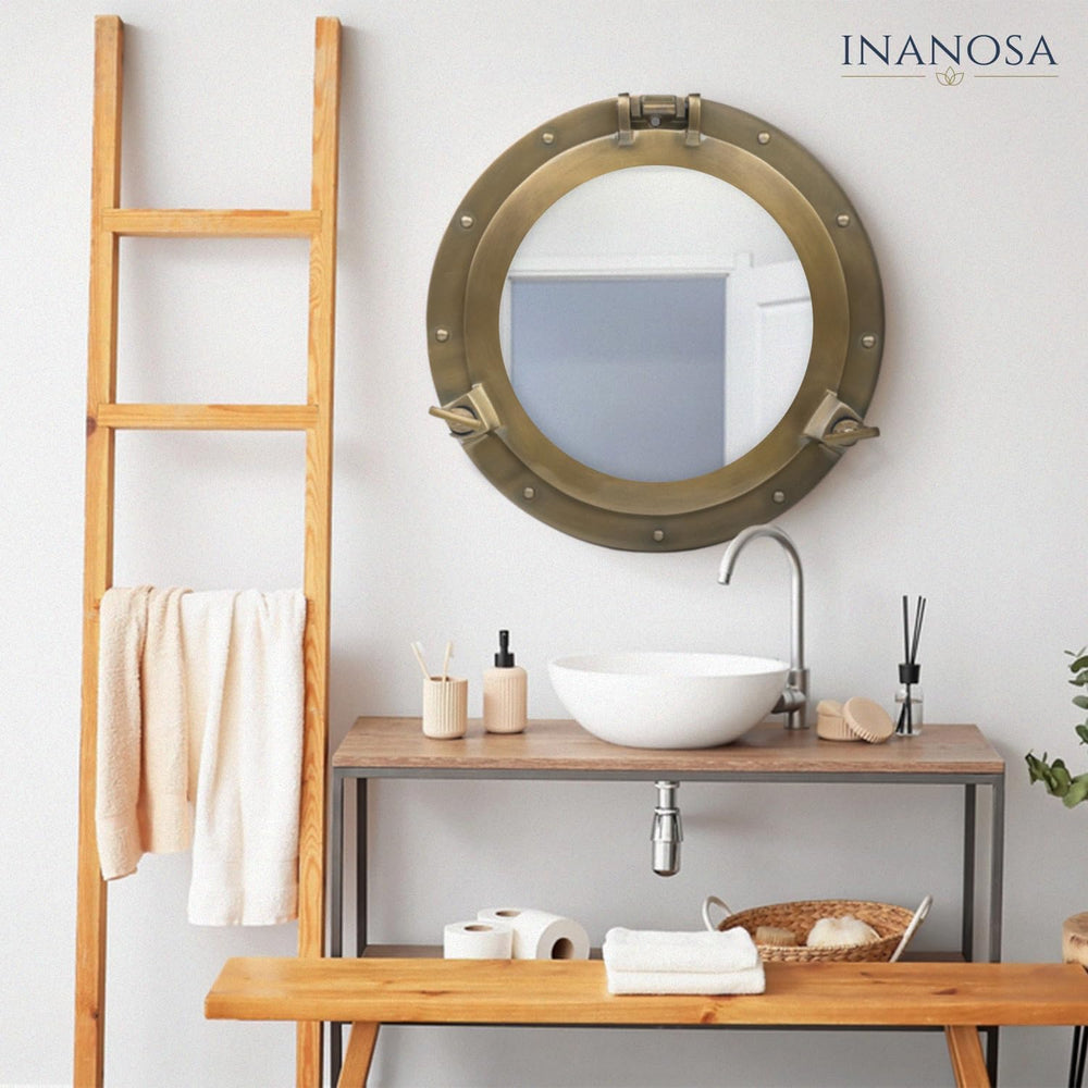 8 Inch Porthole Mirror โ Small Round Nautical Wall Decor, Antique Brass Alumi...