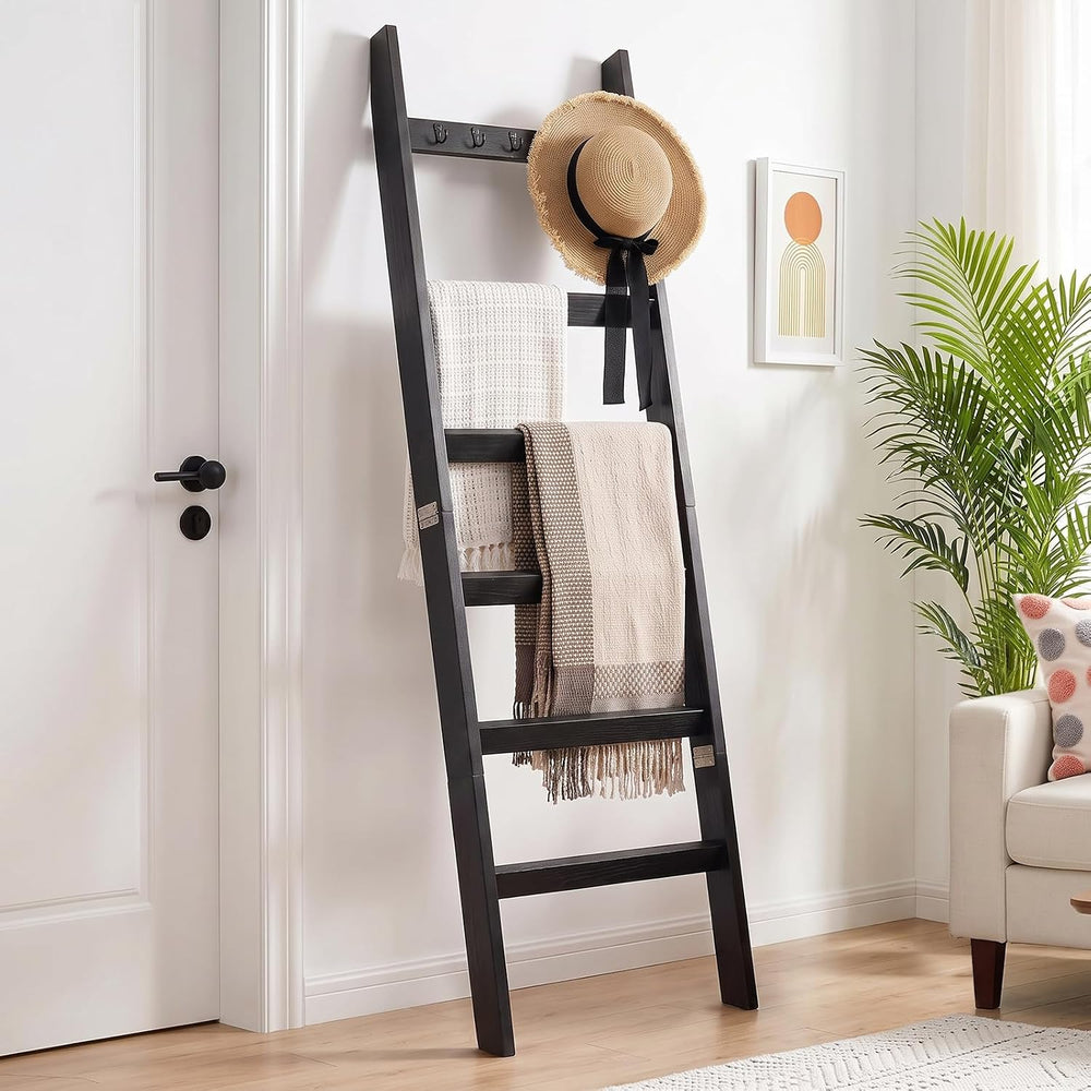 TEAKMAMA 6-Tier 5.4ft Blanket Ladder with Hooks Farmhouse Black | Wall Leanin...