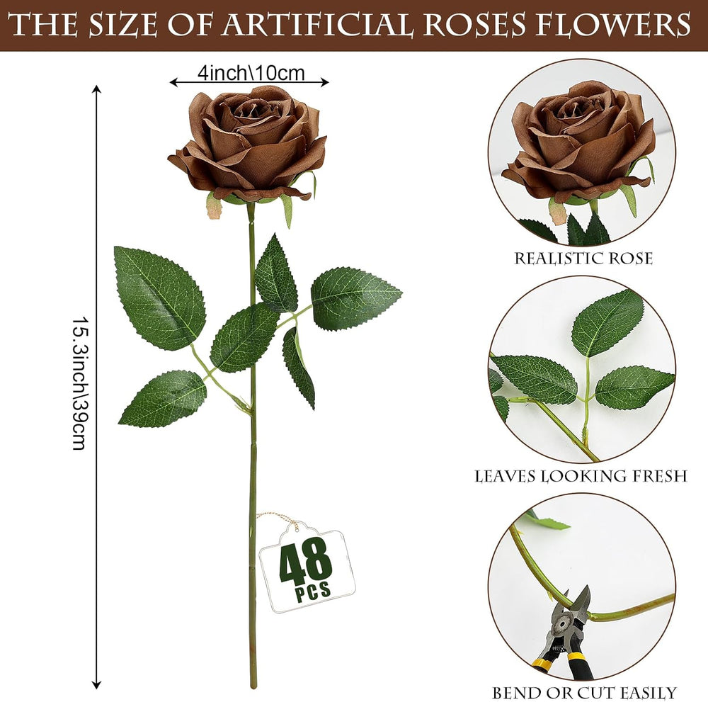 48 PCS Brown Roses Artificial Flowers, Silk